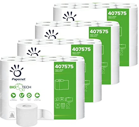 Papernet Bio Tech, 96 Rollen Toilettenpapier, 2-lagig | (407575), 4 Packungen à 24 Rollen mit je 180 Blatt 11 x 9,5cm, Rollenlänge 19,8m, Durchmesser 10,20cm, WC Papier, Weiß