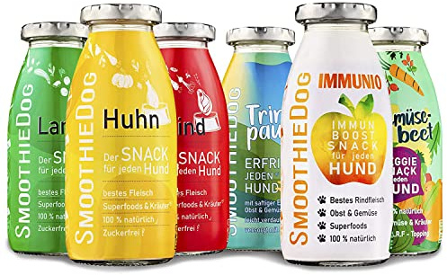 Hunde Smoothie SmoothieDog 6er Mix - je 1x: Huhn, Rind, Lamm, Trinkpause (Ente), Immunio (Rind), Gemüsebeet (vegetarisch) - Flüssiges Hundeleckerli - Zucker- & glutenfrei - je 250ml