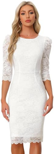 Allegra K Damen Etuikleid Cocktailkleid Business Elegant Spitze Blumenmuster Rundhals 3/4 Ärmel Figurbetont Hochzeitsgast Kleid Weiß M