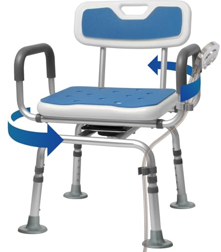 FinityPro Duschstuhl für Senioren, 360° drehbar, Rückenlehne und Armlehnen | Bis 180 kg belastbar, Sitzhöhe 40–48 cm, 2 EVA-Polster, Gummifüße in 5 und 10 cm, 2 Duschkopfhalter, Montage ohne Werkzeug