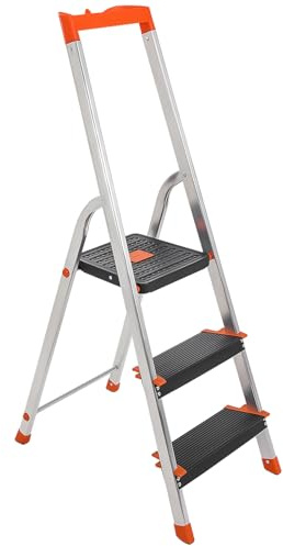 SONGMICS Leiter mit 3 Stufen, Aluleiter, 12 cm breite Stufen mit Riffelung, Anti-Rutsch-Füße, mit Handlauf, Werkzeugschale, bis 150 kg belastbar, schwarz-orange GLT03BK