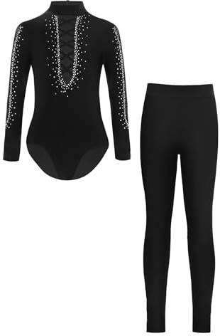 Yruioon Kinder Turnanzug Jungen Glitzer Gymnastikanzug mit Hose Leggings Ganzkörper Trikot Leotard Eiskunstlauf Body Sport Overall Jumpsuit Schwarz 170-176