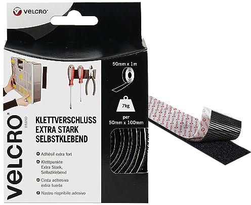 VELCRO Marke | Klettband Selbstklebend | Zuschneidbares industrielles extra starkes doppelseitiges selbstklebendes Klettband mit Klettverschluss | Schwarz | 50 mm x 1 m