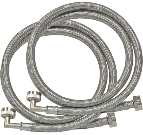 Eastman 6 Fuß Waschmaschinenschlauch mit 90-Grad-Winkel, 2 Stück, 3/4 Zoll FHT x 3/4 Zoll FHT, geflochtener Edelstahl mit vernickelten Messingmuttern, 41066