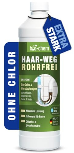 bio-chem Haar-Weg Abflussfrei – Abflussreiniger EXTRA STARK – 1000 ML - Bis zu 20 Anwendungen je Flasche Rohrreiniger – Extrem effektiver Abflussöffner & materialschonend - Made in DE