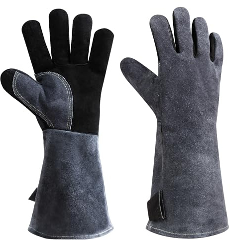 OZERO Grillhandschuhe Hitzebeständig, EN407 Zertifiziert, 16 Zoll Leder Kaminhandschuhe mit Aluminium-Isolierung, Extra Lange Ofenhandschuhe für BBQ, Grill und Kamin