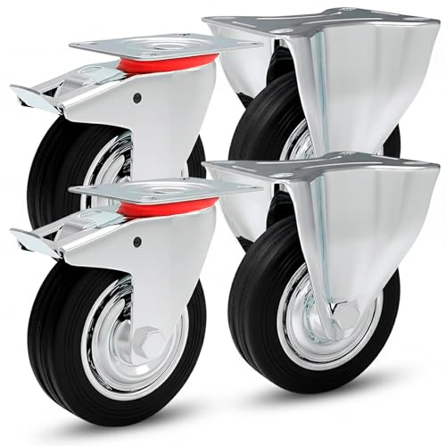 Transportrollen Schwerlastrollen 4 Stück| 2x Bockrollen & 2x Lenkrolle mit Bremse | 200mm Durchmesser | Gummi Schwarz | Vollgummi mit Stahlfelge