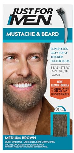 Just for Men Bart und Schnurrbart Farbgel zum Einbürsten, beseitigt graue Haare, macht grobe Gesichtsbehaarung weich und geschmeidig, M35 – Mittelbraun