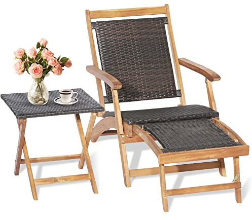 GIANTEX 2 in 1 Sonnenliege Rattan, Holz Liegestuhl Klappbar, Holzliegen Outdoor mit Beistelltisch, Adirondack Stuhl mit ausziehbarer Fußstütze, Gartenliege Rattenliege wetterfest bis 160 kg belastbar