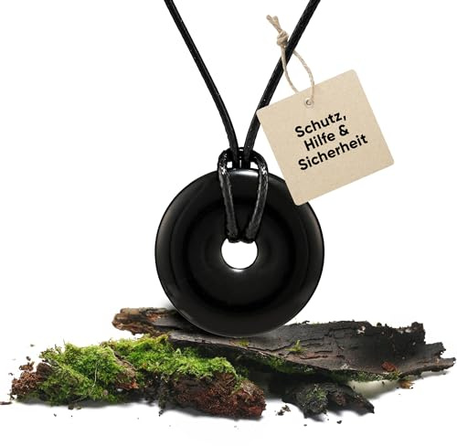 PURAJA Turmalin Anhänger aus echtem Edelstein | Donut Anhänger mit hochwertigem Kordband | Schwarzer Turmalin Kette