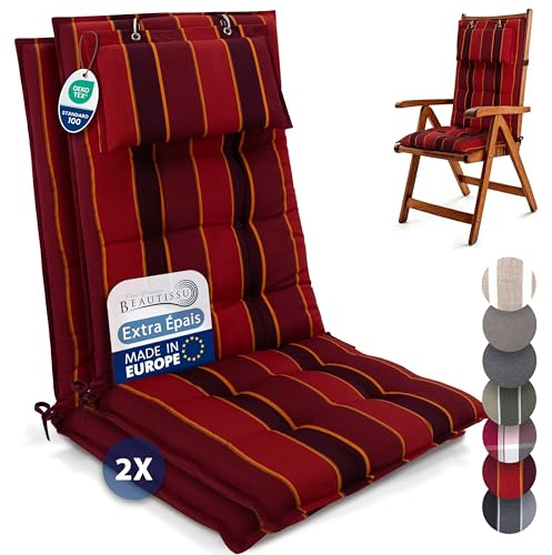 Beautissu 2er Set Premium Hochlehner Auflage mit Kopfpolster 120x50cm Sun-HL – 8cm Dick Polster Gartenstuhlauflage rutschfest Befestigungsbänder UV-Lichtechtheit 5 – Robust Stoff Rot Gestreift