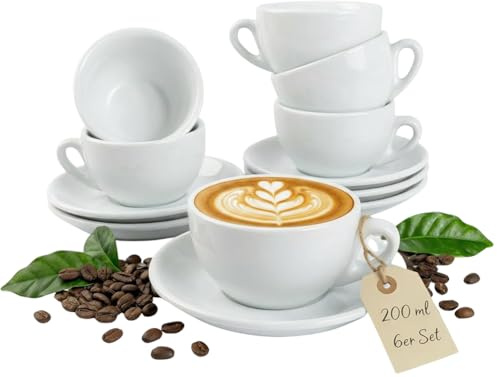 MUVELL 6x Cappuccinotassen | Weiß | Italian Style | dickwandig & schwer | spülmaschinenfest | Cappuccino 6er Set mit Untertassen - Geschenkset