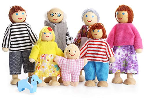 Playtee 7-köpfige Puppenfamilien Puppenhaus für Kinder Spiel Haus Geschenk Holz, Modern