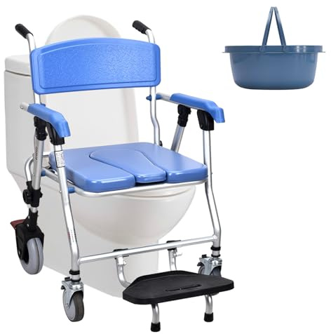 Toilettenstuhl mit Rollen, Duschstuhl mit Rollen, Fahrbar Klappbar Duschrollstuhl Toilettenrollstuhl mit Armlehne Rückenlehne, Maximale Tragfähigkeit von 150kg (Blau 1)