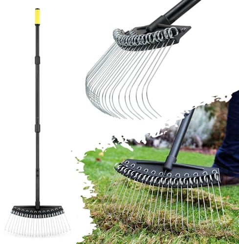 Colwelt Vertikutierrechen, Rechen mit dünnen, gebogenen Federstahlzinken, Vertikutierrechen für Rasenflächen mit 155 cm langem Stahlstiel, Rasenrechen mit Zinken für Kiefernnadeln, abgestorbenes Gras