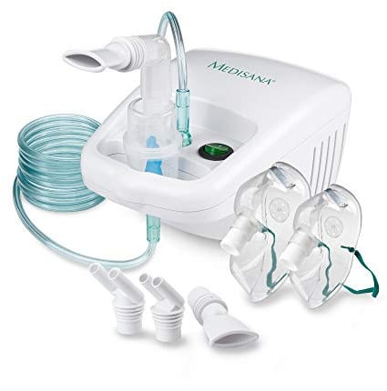 Medisana IN 500 inhaler, compressor nebulizer with mouthpiece and mask for adults and children, for colds or asthma with extra accessories and a long hose