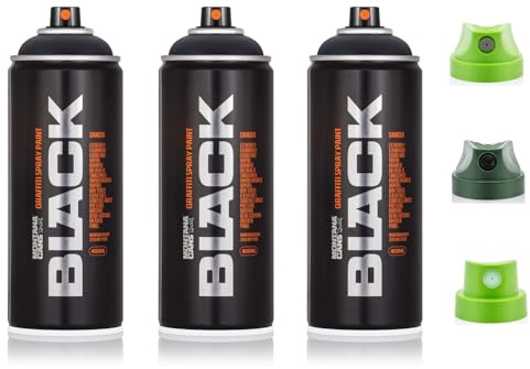 Montana Sprühdosen Set 3x400ml Tiefschwarz matt - hochdeckendes, schnell trocknendes Farbspray, maximale Pigmentierung, schnelle Trocknungszeit + Ersatzsprühköpfe