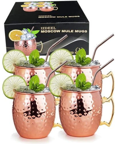 Moscow Mule Becher 4er Set Kupfer Moskau Mule Becher 550ml Tasse Kupferbecher für Cocktail, Gin, Bier, kalte Getränke, Zuhause, Bar, Party, Valentinstag Muttertag Vatertag Geburtstag Geschenke Kasten