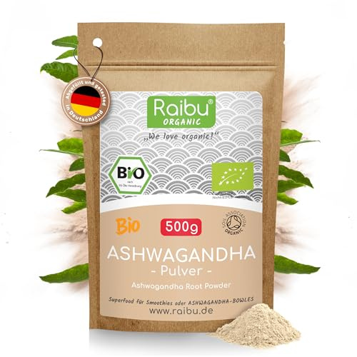 Raibu Bio Ashwagandha Pulver 500g -Withania somnifera - 100% Rein, Ashwagandha Wurzel Pulver - Indischer Ginseng in hochwertiger Bio Qualität - Ohne Zusätze, produziert in Deutschland