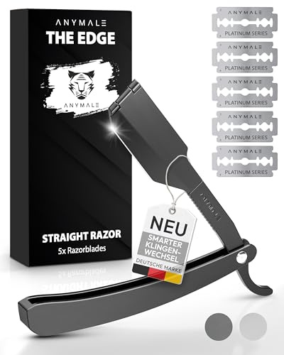 ANYMALE® Premium Rasiermesser mit Wechselklinge The Edge für Herren aus Metall - Straight Razor Bart & Konturen inkl. 5 x Klinge - Edelstahl Barber & Friseur Nass-Rasierer Bartmesser Set (Schwarz)