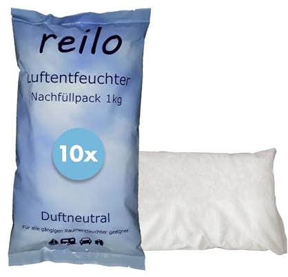 reilo 10x 1kg Luftentfeuchter Granulat (Calciumchlorid), Raumentfeuchter im Vliesbeutel, Nachfüllpacks für Luftentfeuchterboxen 900 bis 1200 g, Staffelpreis, für Auto, Schlafzimmer, Keller