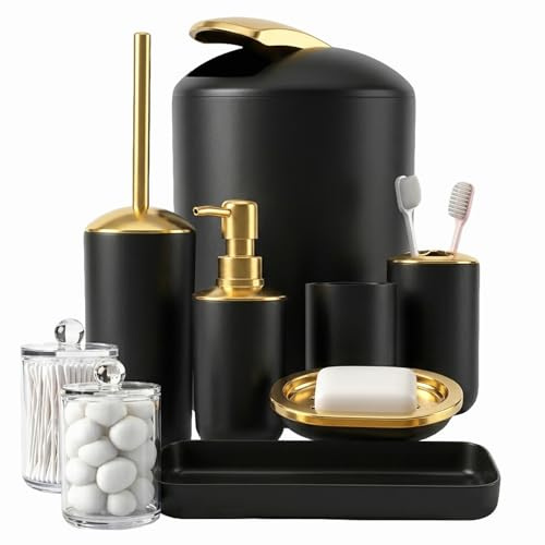 Badezimmer-Zubehör-Set, 9-teilig, Mülleimer, Seifenspender und Schale, WC-Bürste, Zahnbürstenhalter, Becher, Tablett, Wattestäbchen-Behälter, Arbeitsplatten-Organizer und Einweihungsgeschenk