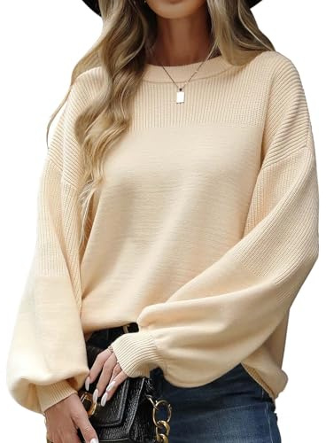 heekpek Damen Pullover Winter Strickpullover Dicke Warmer Winterpullover Rundhals Laterne Ärmel Lockerer Damenpullover Langarm Elegant Strickpulli Damen Sweater