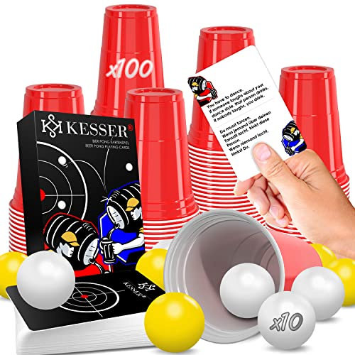 KESSER® Bier Pong Becher Set Mit Kartenset 54 Karten, Bierpong Trinkspiele Partybecher Sets (100 Becher 473ml + 10 Bällen) Bierpong Cups Spieleabend Geburtstag Partyspiel Hochzeit