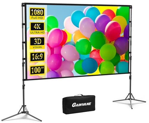 100 Projektor-Leinwand mit Ständer, faltbar, tragbar, Filmleinwand 100 Zoll (16:9), HD 4K doppelseitige Projektionsleinwand mit Tragetasche, für Innen- und Außenbereich, Videoleinwand für Heimkino