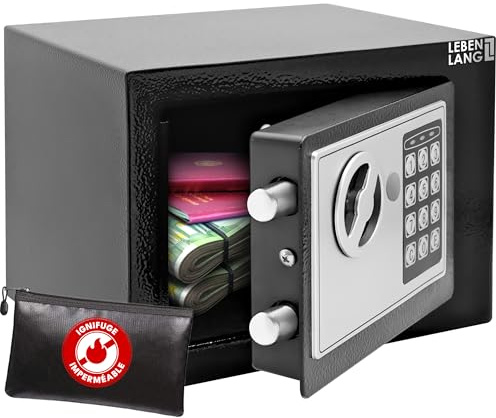 LEBENLANG 5L Safe Tresor für Zuhause - Inkl. Feuerfester Dokumententasche | Notschlüssel I Schranktresor Möbeltresor mit Zahlenschloss für Bargeld Geld Papiere I Wandtresor Zimmersafe Sicher Haussafe