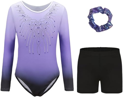 Kiscorpse Dreiteilige Gymnastikanzug Mädchen Turnanzug Leotard Set mit Turnshorts und Haarband, Langarm Ballettröckchen Kleid Trikotanzug Outfit Set (Lila-Langarm, Tag 6A(5-6 Jahre))