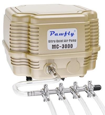 Pawfly 16 L/min Aquarium Luftpumpe Einstellbare leise Sauerstoffpumpe 7 W Kommerzielle Luftpumpe mit 4-Wege luftverteiler und Luftschlauch für Fischbecken Teiche und DWC-Systeme bis zu 1000 L