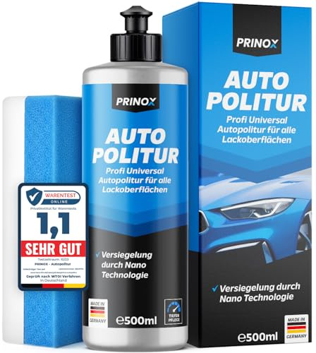 PRINOX Profi Autopolitur 500ml inkl. Polierschwamm für alle Lacke - Schwarz, Weiß, Buntlacke, Metalliclacke I Auto Politur mit Nanoversiegelung zum Entfernen oberflächlicher Kratzer - Made in DE
