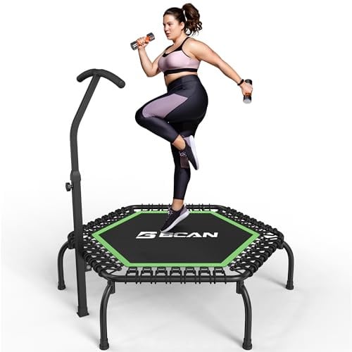 BCAN Fitness Trampolin Indoor Ø 122 cm, Trampolin Erwachsene bis 250 kg, Bodentrampolin mit verstellbarem T-Griff & 42 Gummiseilen, Leise & vibrationsarm