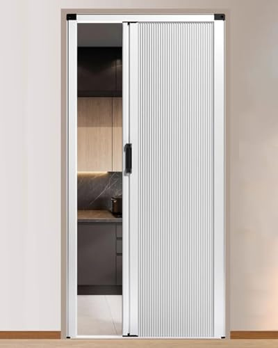 ZIMGOD Falttür Innentüren Ohne Bohren Weiß Falttür Metallrahmen und Vliesplatte, Schiebe-Falttüren mit Griff und Schloss, Trenngitter für Küche und Schlafzimmer, Sondergröße(30x80in (76x203cm))