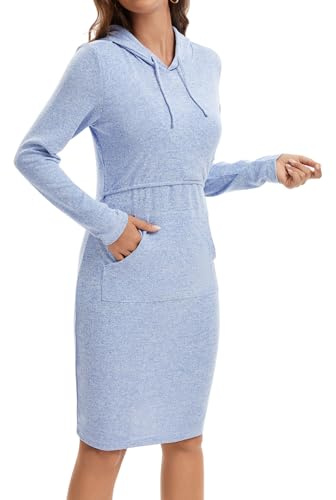 Sosolism Umstands-Stillkleid mit Kapuze und Tasche für Damen S-XXL | Klassisches Langarm-Kapuzenkleid in regulärer Passform mit praktischen Taschen und diskretem Hochziehzugang zum Stillen
