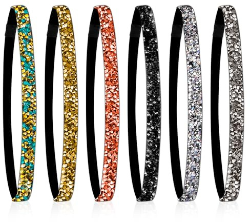 MOZEAT LENS 6 Stück Strass Stirnbänder Elastisch Haarbänder Glitzer Stirnband für Damen Verstellbare Haarband Kristall Haarschmuck für Frauen und Mädchen Party Deko