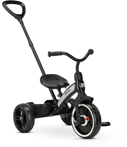 Deryan Wanderer 2 in 1 Laufrad Dreirad - ab 2 bis 6 Jahre, Kinderdreirad mit schubstange, Kinderfahrrad mit Pedalen, Laufräder Lauffahrrad inkl. Lenkstange (Schwarz)