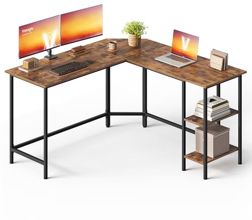 VASAGLE Schreibtisch, L-förmiger Computertisch, 138 x 138 x 76 cm, Eckschreibtisch mit 2 Ablagen, platzsparender Bürotisch, Gaming, Homeoffice, einfacher Aufbau, vintagebraun-schwarz LWD72X