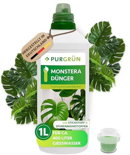 Purgrün® Monstera-Dünger 1 Liter – Schnelles Wachstum dank hohem Stickstoffgehalt – Spurennährstoffe für prächtige Blätter – Konzentrat für ca. 400 Liter Gießwasser – Premium-Flüssigdünger