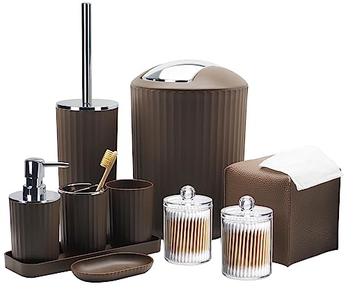Badezimmer-Zubehör-Set,10-teiliges braunes Badezimmer-Zubehör-Set mit Mülleimer, Zahnbürstenhalter und Tasse, Seifenspender, Seifenschale, WC-Bürstenhalter, Qtip-Halter, Taschentuchbox Abdeckung