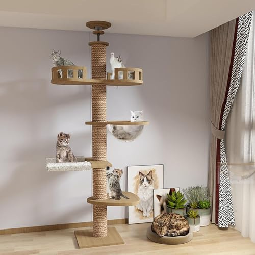 Mekidulu Kratzbaum deckenspanner,Raumkapsel,Katzenhängematte, Vollständig mit Sisalseil umwickelt,Breite von 11CM,Kratzbaum deckenhoch (240～250CM,265-275CM) hoher Katzenbaum