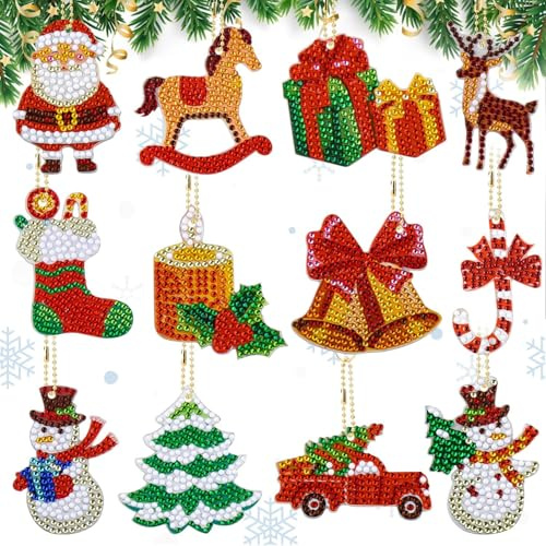 VICDUEKG 12 Stück Diamond Painting Weihnachten, 5D DIY Diamond Painting Schlüsselanhänger, Diamond Painting Anhänger Set für Weihnachtsdeko Weihnachtsbaum Fenster Hängend Winter Dekor