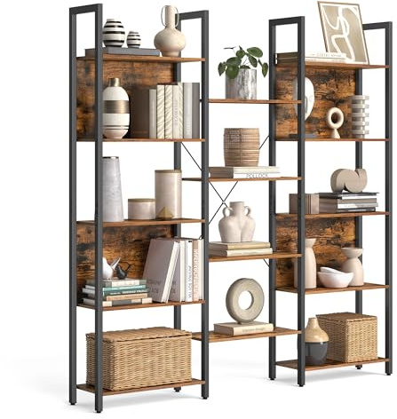 VASAGLE Bücherregal, Standregal mit 14 Ablagen, Regal mit Metallrahmen, für Wohnzimmer, Arbeitszimmer, Büro, Industrie-Design, 24 x 158 x 166 cm, vintagebraun-tintenschwarz LLS107B01