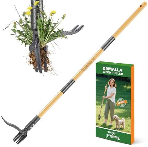 Ormalla Unkrautstecher, 1.1m Langem Stiel, Löwenzahn Entferner, Natürlicher Bambusgriff und 4 Metallkrallen, Aufrecht Stehender Unkrautentferner, Haustierfreundlich(Upgrade) (1.1m)