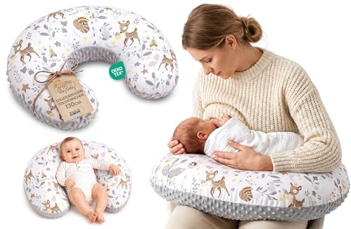 Totsy Baby Stillkissen klein Mond Minky 130 cm - Nursing und Breastfeeding Pillow Stillmond Stützkissen Stillhörnchen kleines Still Kissen und Lagerungskissen beim Stillen Oeko-Tex Hirsch Grau