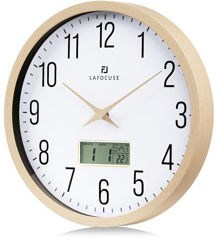 Lafocuse Lautlos Wanduhr mit Kalender Digital LCD, Vintage Wanduhr mit Datum Wochentag und Thermometer, Beige Analog Quarzuhr für Wohnzimmer Schlafzimmer Büro Küche 30cm