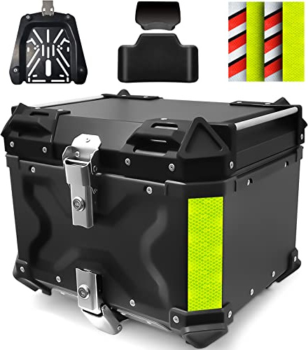 VOKKA Topcase Motorrad, 45L Aluminiumlegierung, Schwarz | Mit Rückenlehne, wasserdicht staubdicht diebstahlsicher, Aufbewahrung für Motorradausrüstung, für Pendeln Touren Gelände