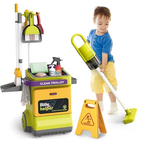 JONRRYIN Putzwagen für Kinder Mit Handstaubsauger, Saug- und Soundfunktion - Besen Set Mit Mop, Kehrschaufel - Reinigung Spielzeug Rollenspiel für Jungen und Mädchen