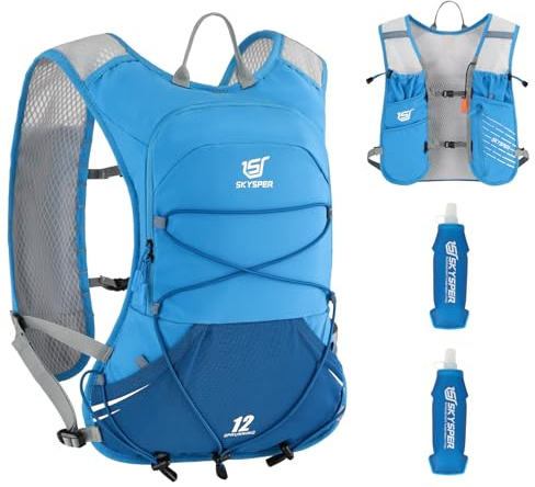 SKYSPER Laufweste für Damen Herren, 12L Laufrucksack Trinkweste Laufen mit 2 Trinkflaschen 500ml Running Vest für Joggen Marathon Trailrunning